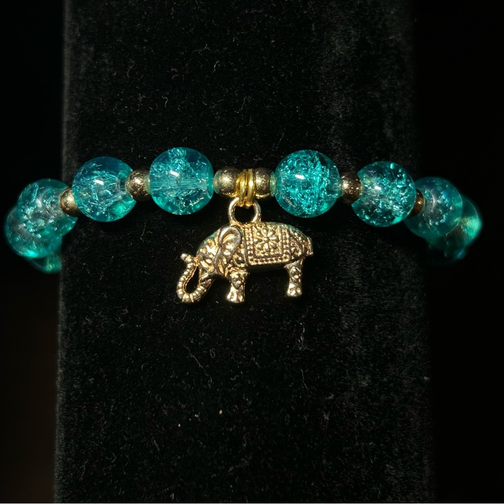 Gold Indian Elephant Charm Bracelet with Turquoise Glass Beads